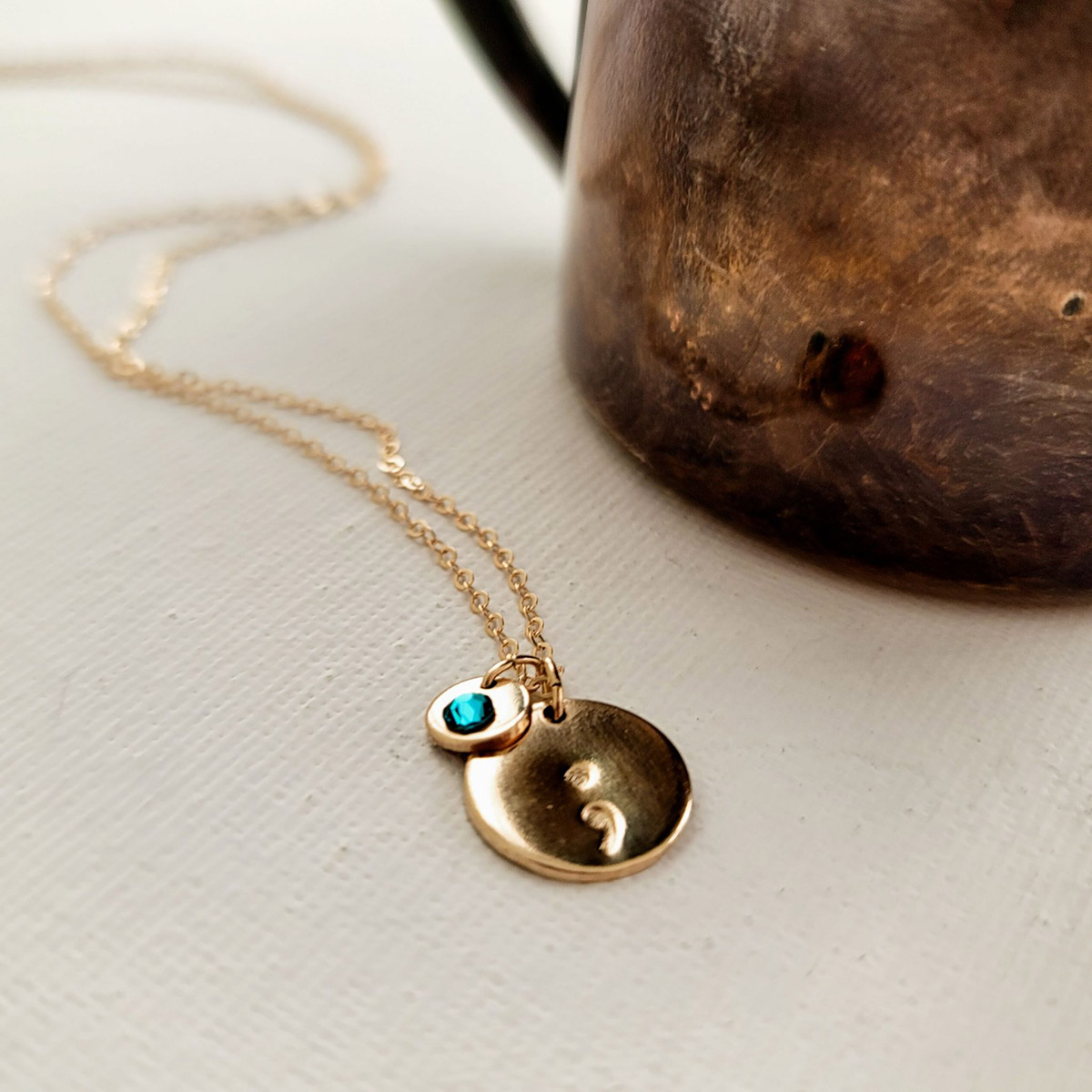 Sterling Silver Semicolon and Swarovski Crystal Disc Necklace