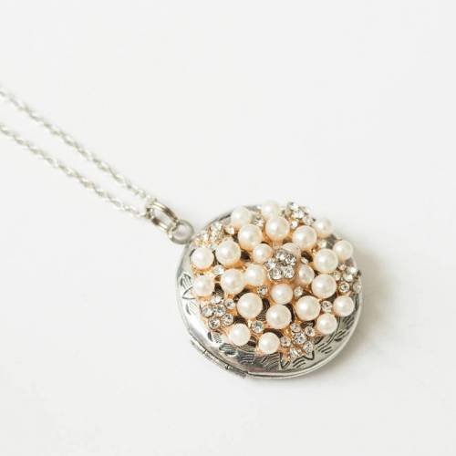 Rhinestone and Pearl Antique Silver, Rose Gold, or Gold Locket - Choose 0-2 Photos