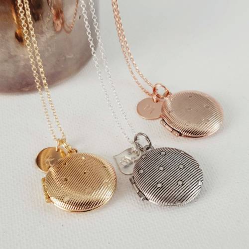 Dots Locket in Antique Silver, Rose Gold and Gold with Initial Disc or Heart Tag - Choose 0-2 Photos