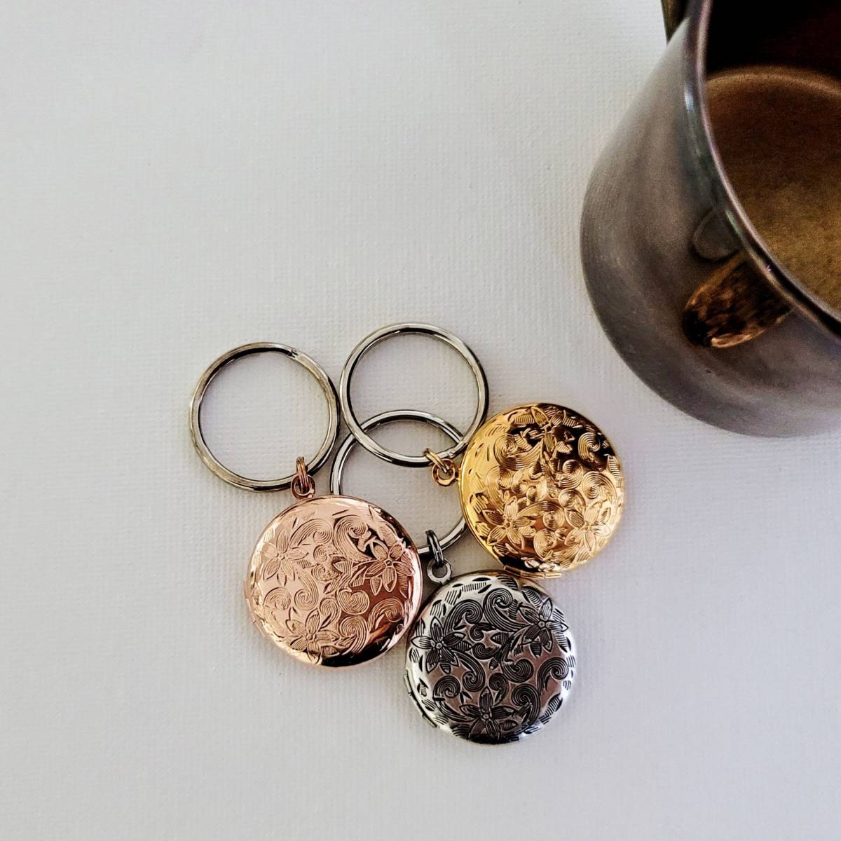 Floral Keychain Photo Locket in Gold, Silver, or Rose Gold