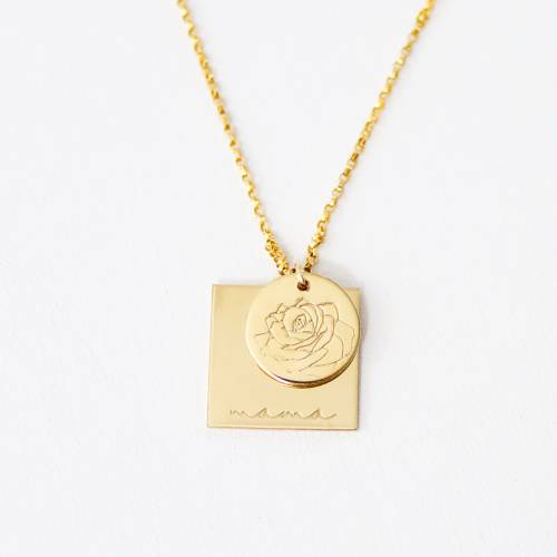 Mama Square Necklace with Custom Disc (Initial, Custom Stamp, or Birth Month)