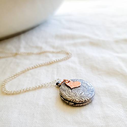 Dainty Floral Locket in Antique Silver, Gold and Rose Gold with Initial - Choose 0-2 Photos (Smaller Version)
