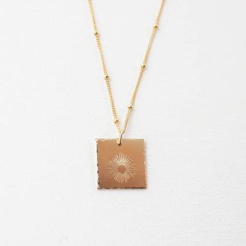 Sunburst 16mm Square or Disc Necklace on Satellite Chain - Hammered Edge or Smooth Edge