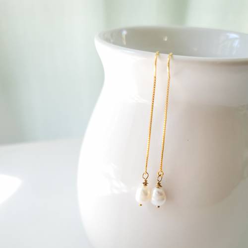 Pearl Drop Threader Earrings in Gold and Sterling Silver