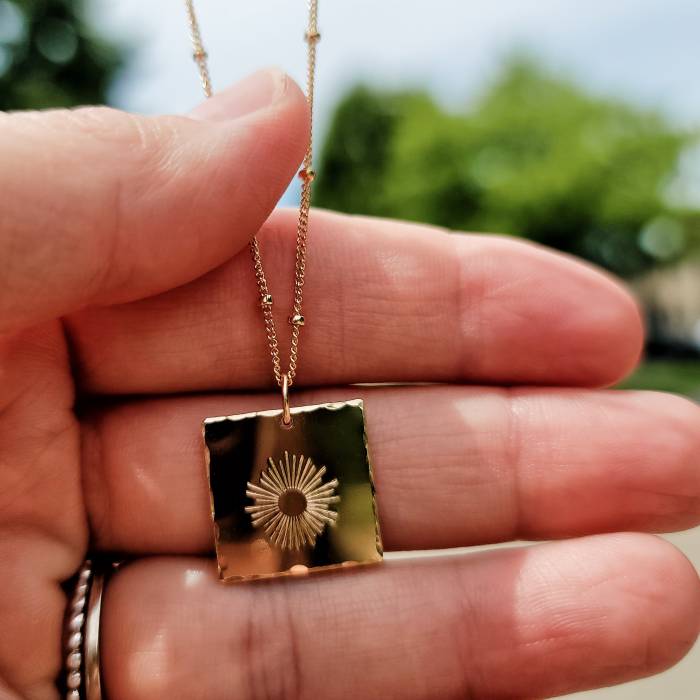 Sunburst 16mm Square or Disc Necklace on Satellite Chain - Hammered Edge or Smooth Edge - Image 4