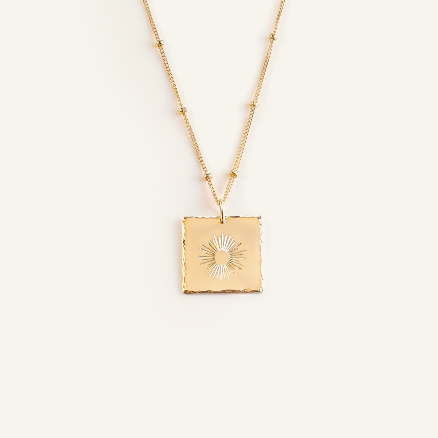 Sunburst 16mm Square or Disc Necklace on Satellite Chain - Hammered Edge or Smooth Edge