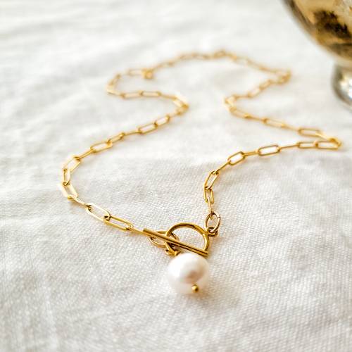 Pearl Drop Paperclip Necklace