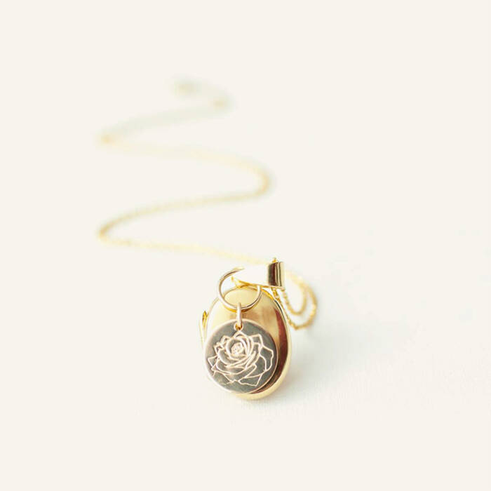 Oval Gold Filled or Sterling Silver Locket on Satellite Chain with Birth Month Flower