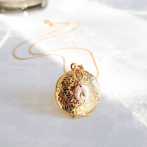 Forget Me Not Locket in Antique Silver, Rose Gold and Gold with Initial - Choose 0-2 Photos