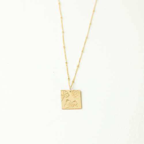 Three Flowers Mothers Birth Month 16mm Square Necklace on Satellite Chain