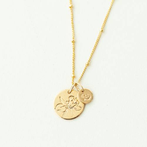 Birth Month Flower 13mm (1/2 inch) and 6mm (1/4 inch) Discs Mama Necklace on Satellite Chain