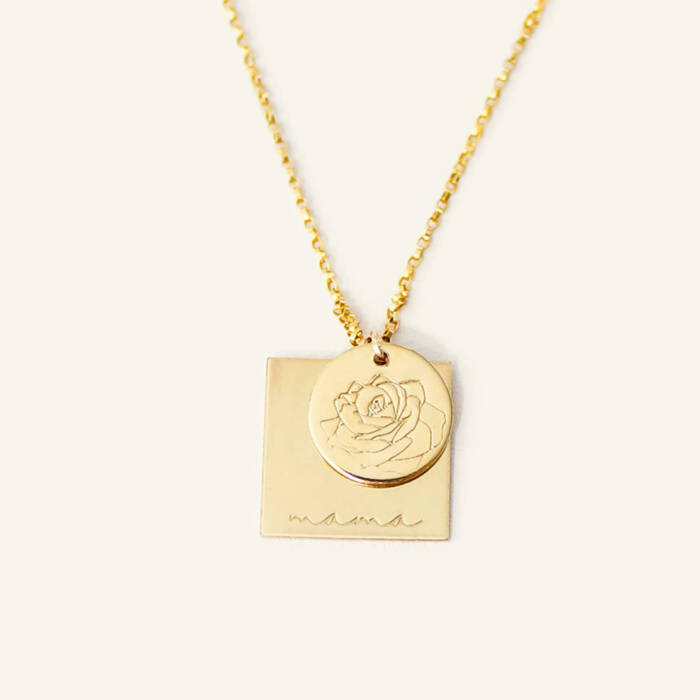 Cursive Mama 5/8" Square and Birth Month 1/2" Disc Necklace