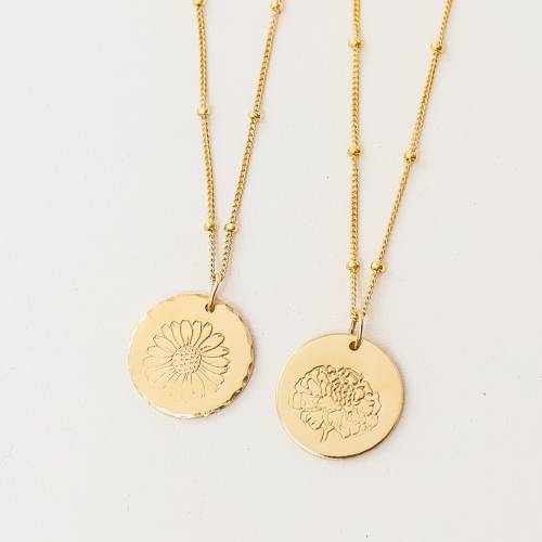 Birth Month Flower 16mm Disc Hammered or Plain Edges on Satelllite Chain