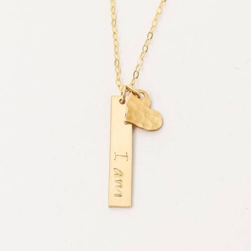 I am Vertical Bar and Hammered Heart Self Affirmation Necklace