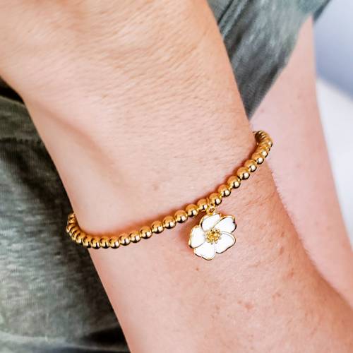 Gold Filled Beaded Bracelet with Hibiscus Flower Charm in Five Colors