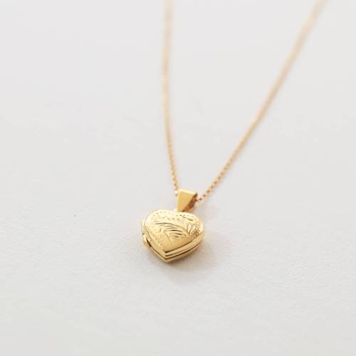 Sterling Silver or Gold Filled Dainty Etched Floral Heart Locket on Rolo Chain - We can Add Photos