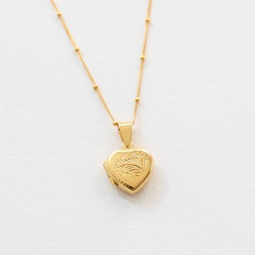 Sterling Silver or Gold Filled Dainty Etched Floral Heart Locket on Satellite Chain - We can Add Photos