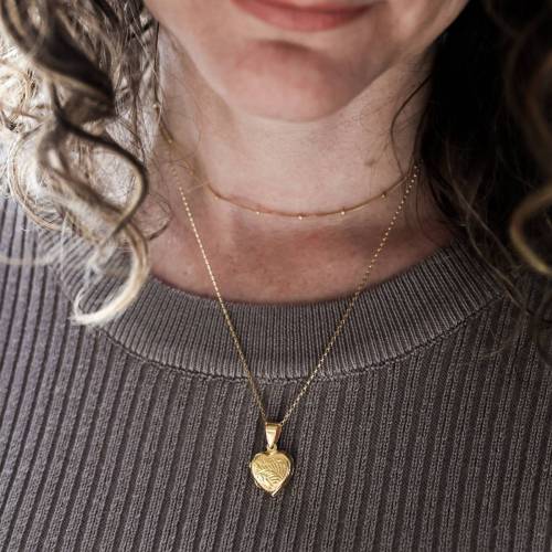 Sterling Silver or Gold Filled Dainty Etched Floral Heart Locket on Rolo Chain - We can Add Photos