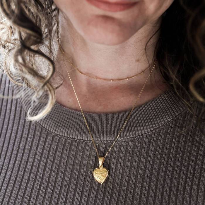 Sterling Silver or Gold Filled Dainty Etched Floral Heart Locket on Rolo Chain - We can Add Photos - Image 2