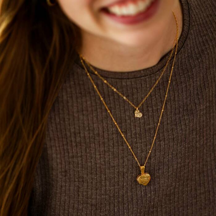 Dainty Floral Sterling Silver and Gold Filled Heart Locket on Satellite Chain - Image 5