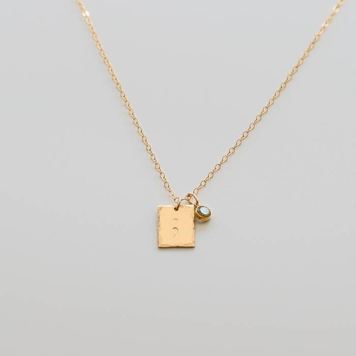 Semicolon 1/3" Rectangle Birthstone Hammered Necklace