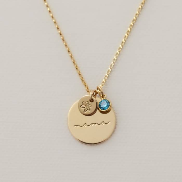 Cursive Mama 5/8" Disc with Birthstone and 1/4" Disc Birth Month Necklace