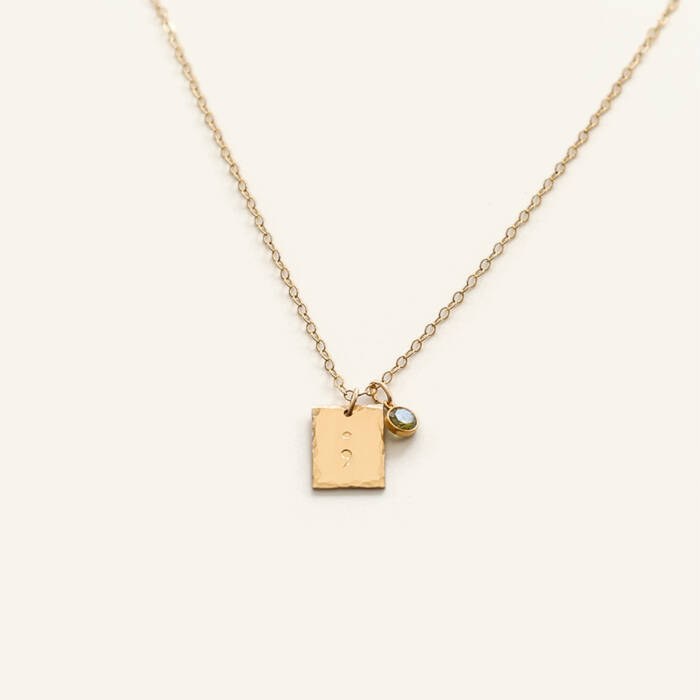 Semicolon 1/3" Rectangle Birthstone Hammered Necklace